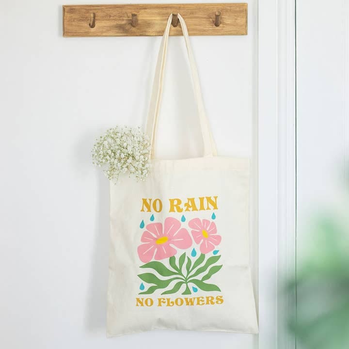 No Rain No Flowers printed tote bag