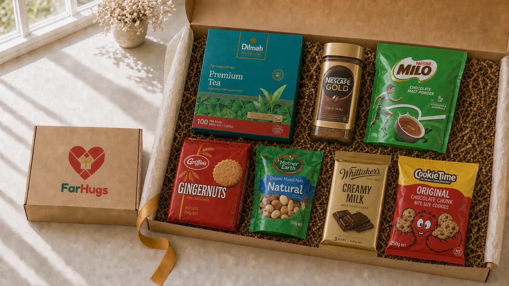 Family Favourites Box with Dilmah tea, Nescafe Gold, Milo, Gingernuts, mixed nuts, Whittaker's, and Cookie Time bites