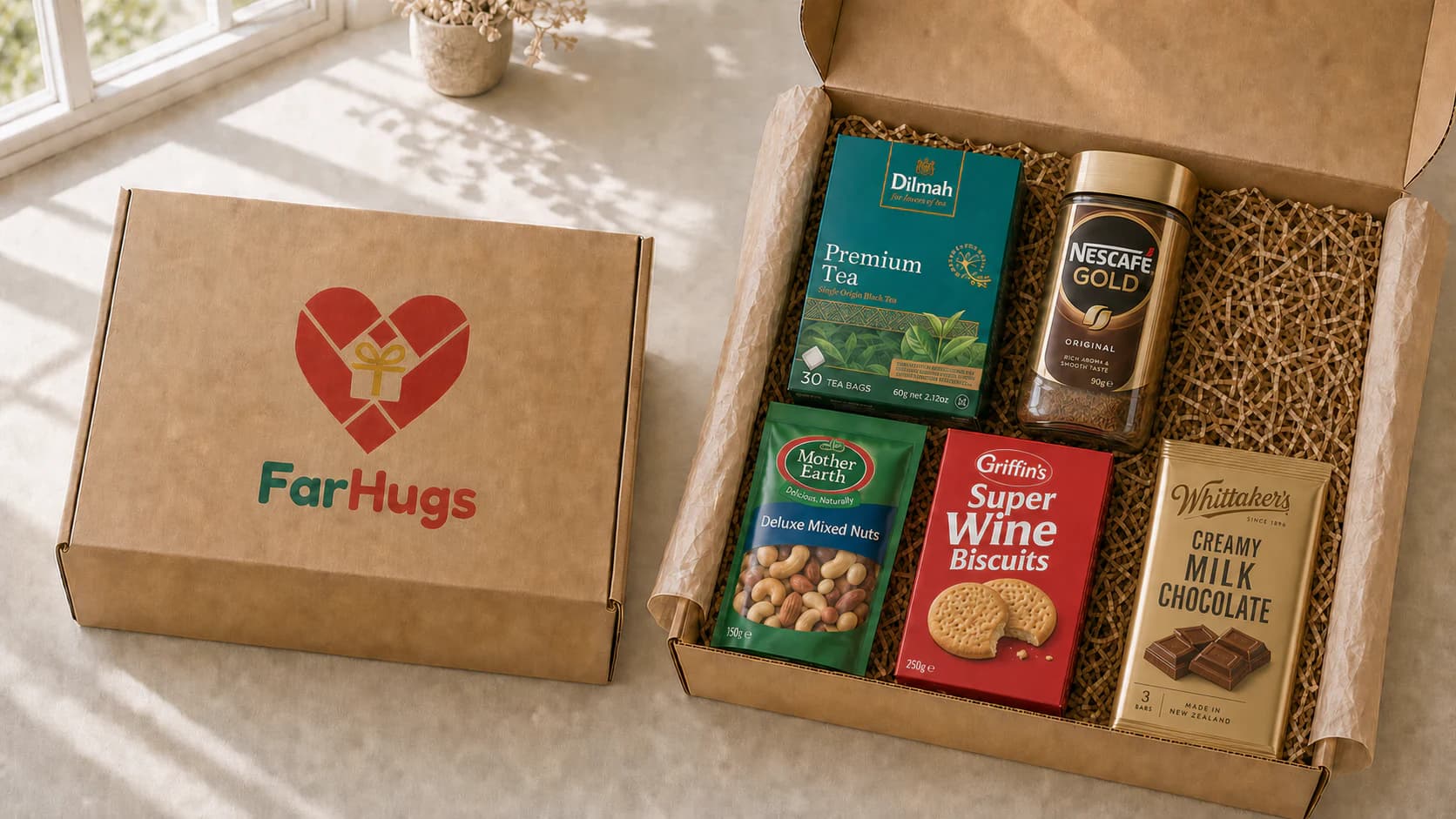 Parents' Comfort Box with Dilmah tea, Nescafe Gold, mixed nuts, Super Wine biscuits, and Whittaker's
