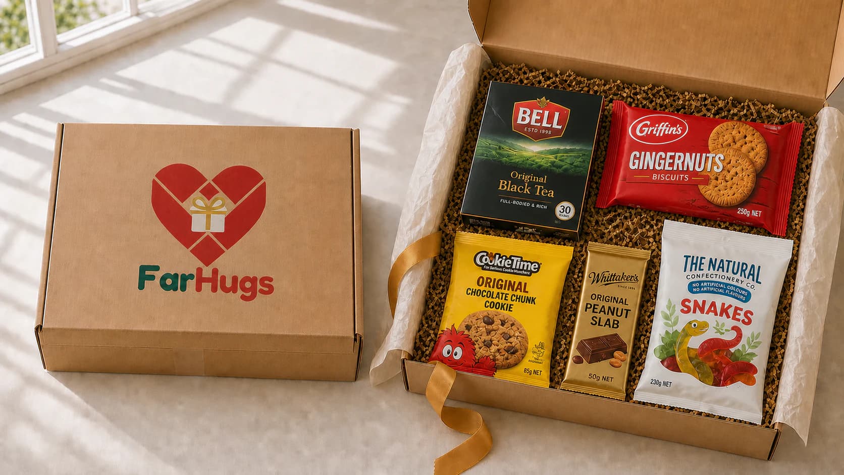 Tea Time Treats Box with Bell tea, Gingernuts, Cookie Time, Whittaker's, and Snakes